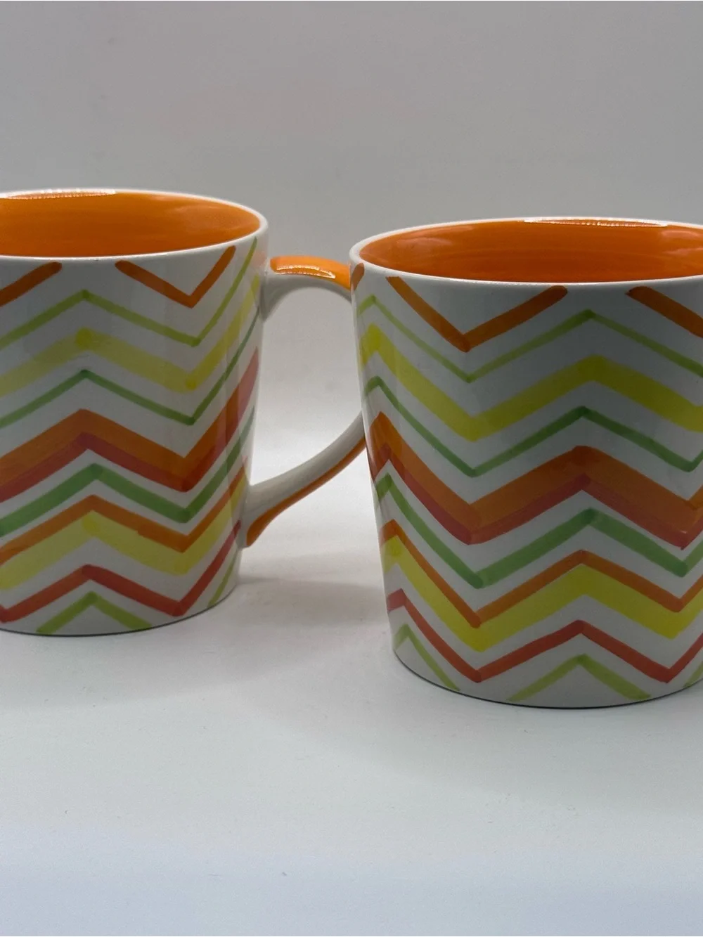 CRATE & BARREL Bright Chevron Coffee Mugs, Citrus Orange/Yellow/Green, Set Of 2